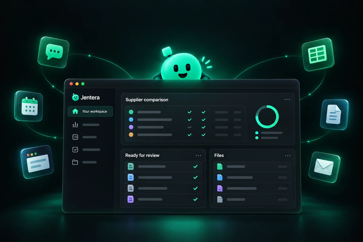 Illustrated Jentera workspace with a smiling emerald character, a supplier comparison and floating tool icons.